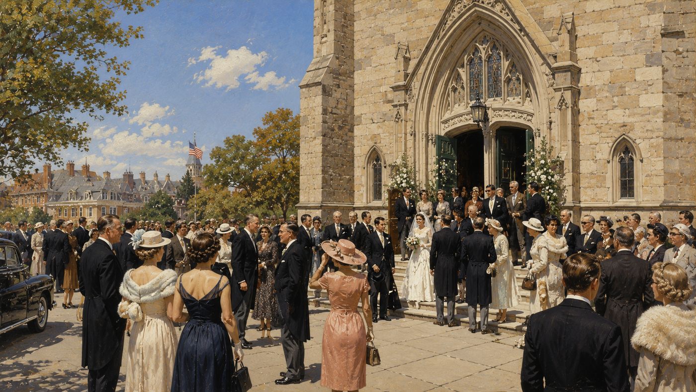 A grand New England stone church in Newport Rhode Island on a September afternoon, wedding guests visible on the steps outside, the ocean air and autumn light suggesting the social world of 1953