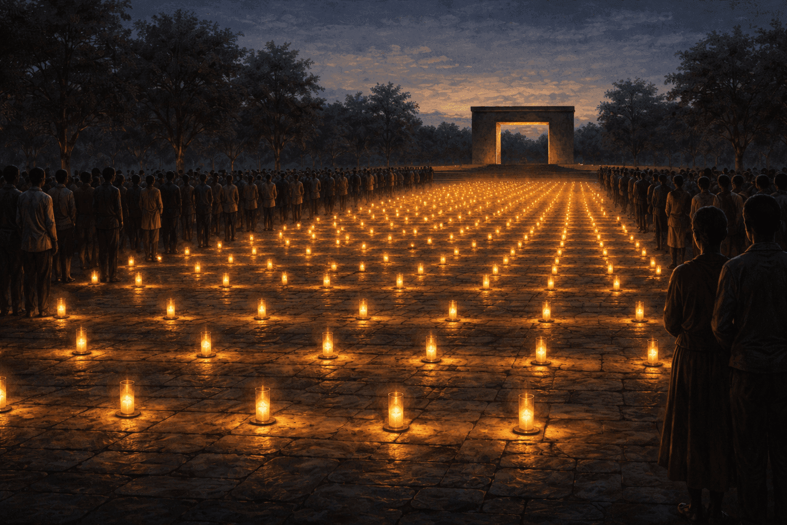 Rows of memorial candles burning at dusk at an outdoor genocide remembrance ceremony