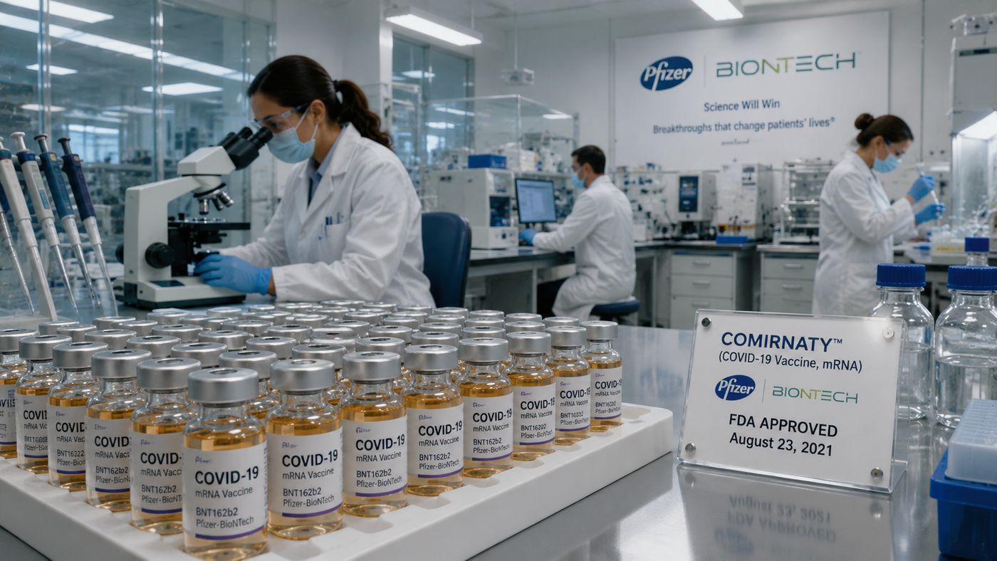 A medical research laboratory with scientists in white coats working with laboratory equipment, vaccine vials visible on a workbench