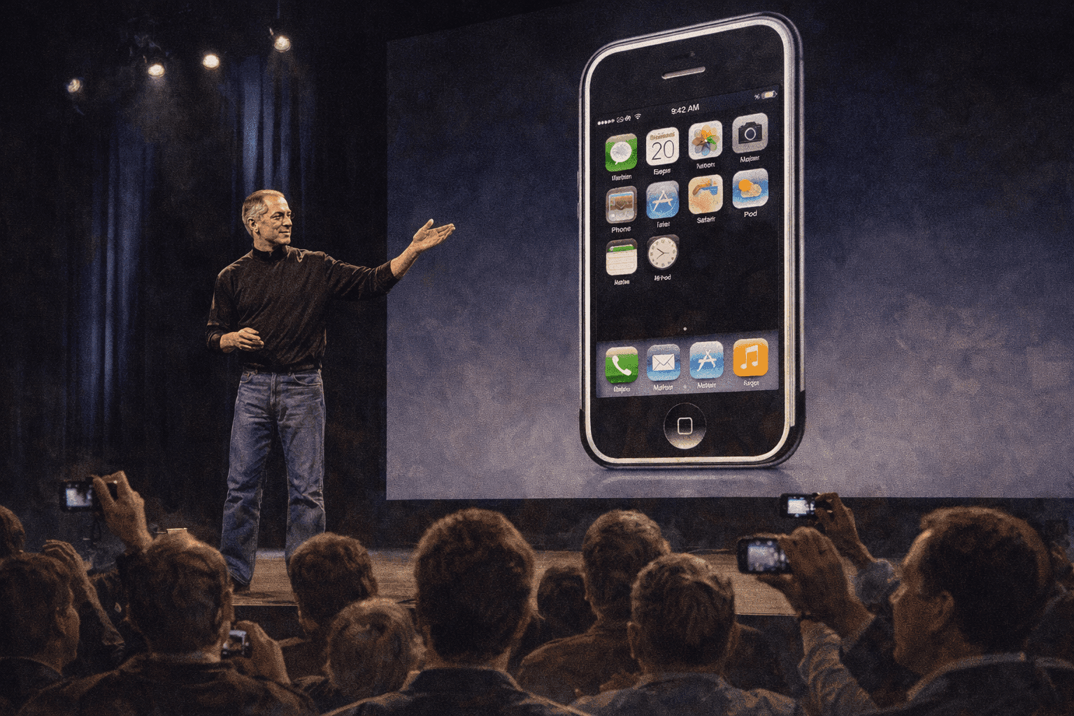 Steve Jobs unveiling the first iPhone at the 2007 Macworld keynote with the revolutionary device displayed on screen behind him