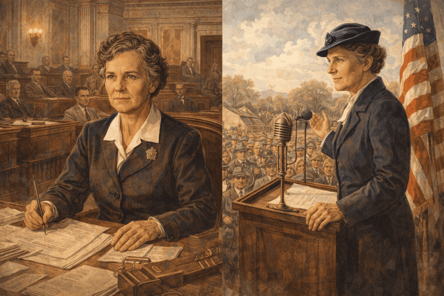 Senator Hattie Caraway in the 1930s Senate chamber or campaign setting, capturing her historic achievement and determination