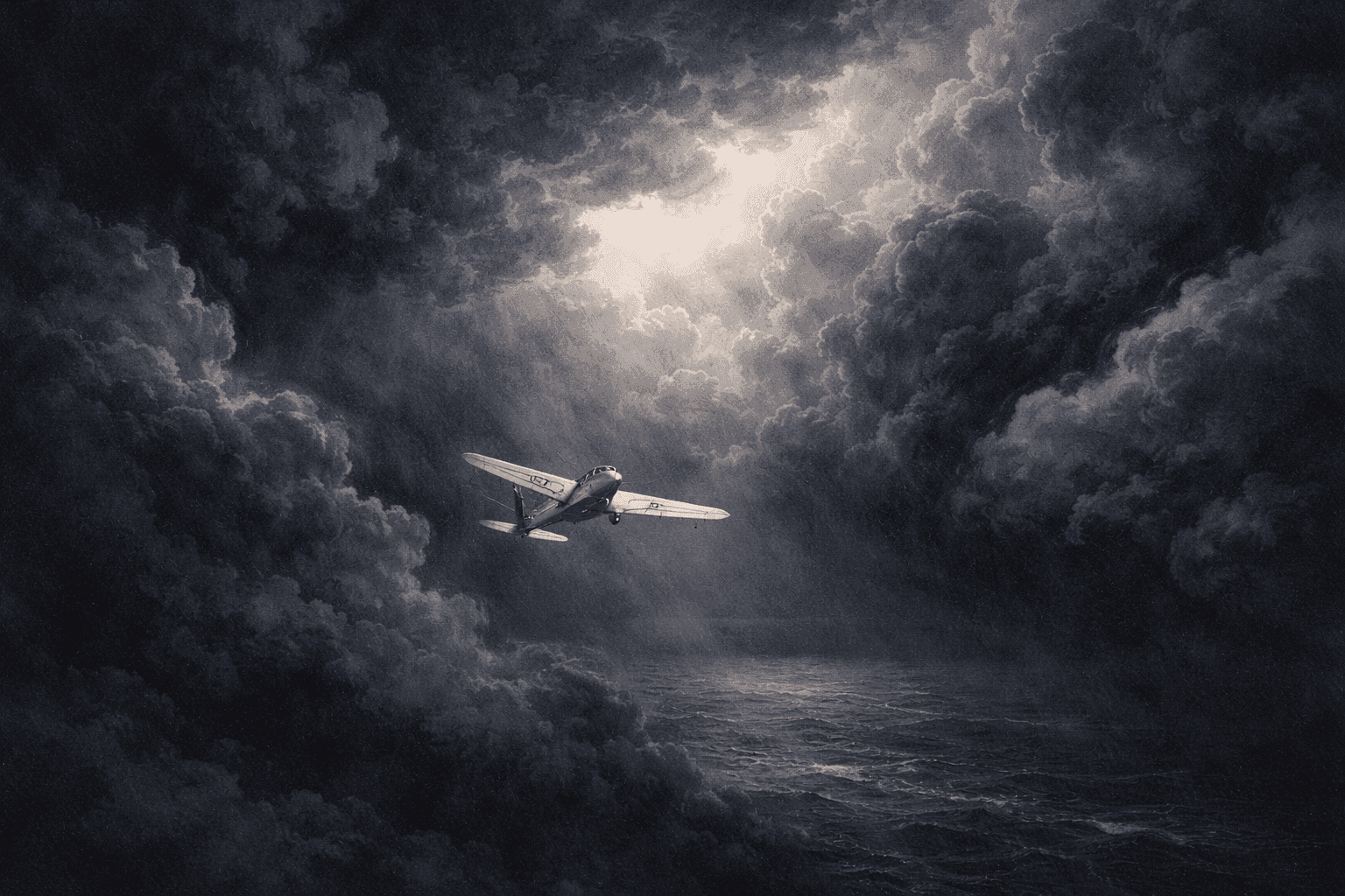 A single-engine monoplane flying through dense clouds and fog over the dark North Atlantic Ocean