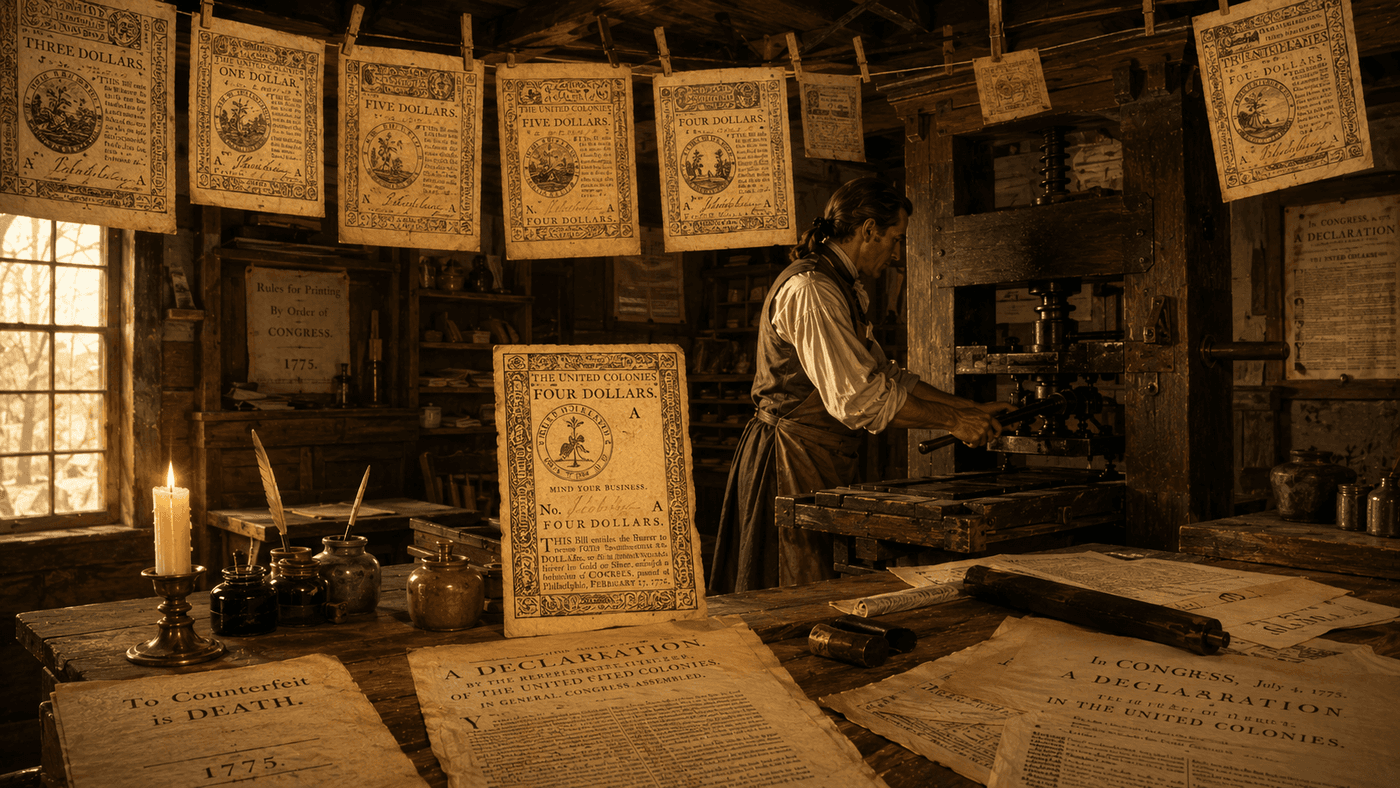 A colonial-era printing press producing paper currency, surrounded by revolutionary-period documents and ink pots