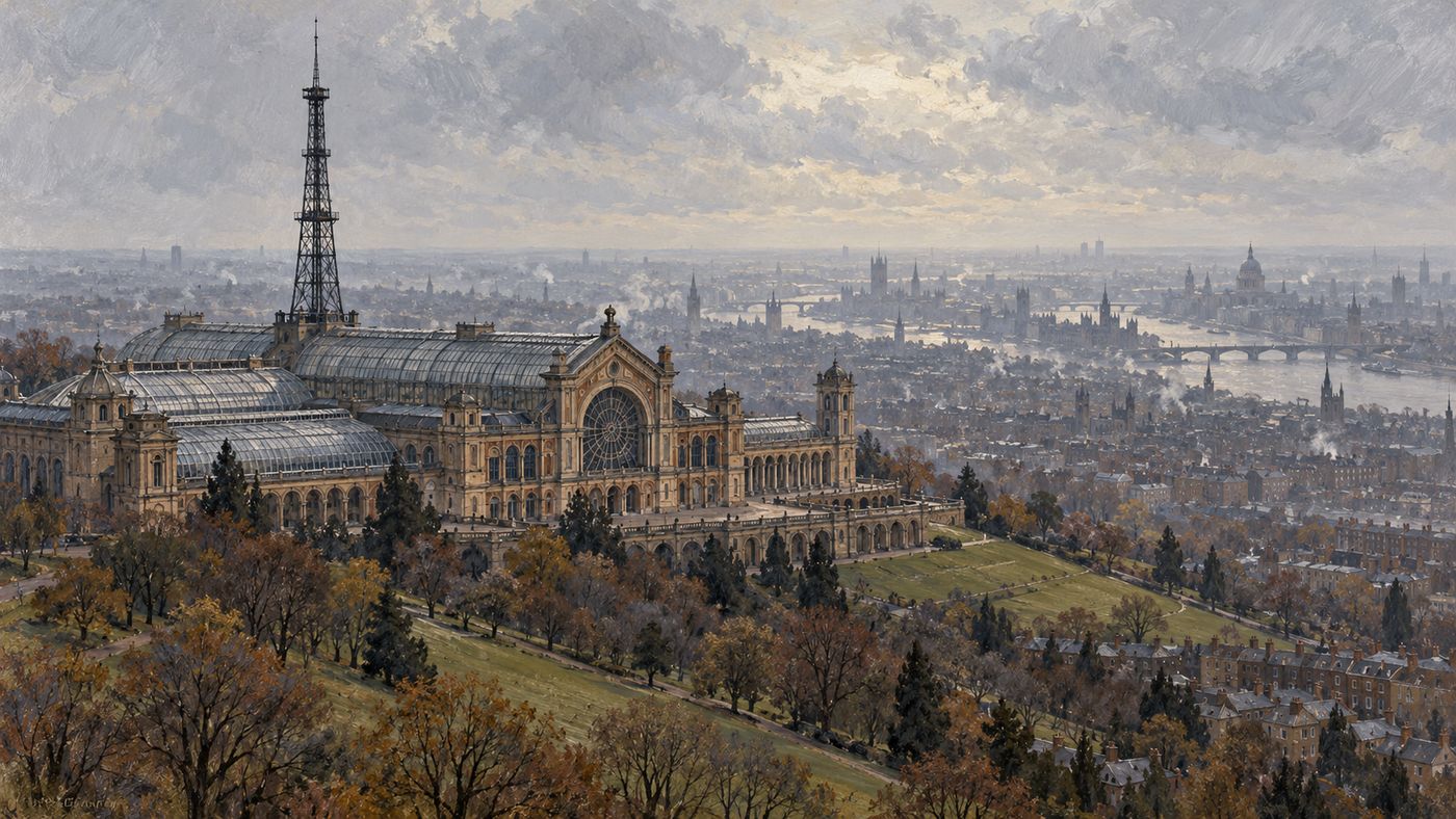 A painterly illustration of Alexandra Palace on a grey November day — the Victorian glass and iron building on its North London hilltop, the BBC television transmitter mast rising above it, the city of London visible in the hazy distance below