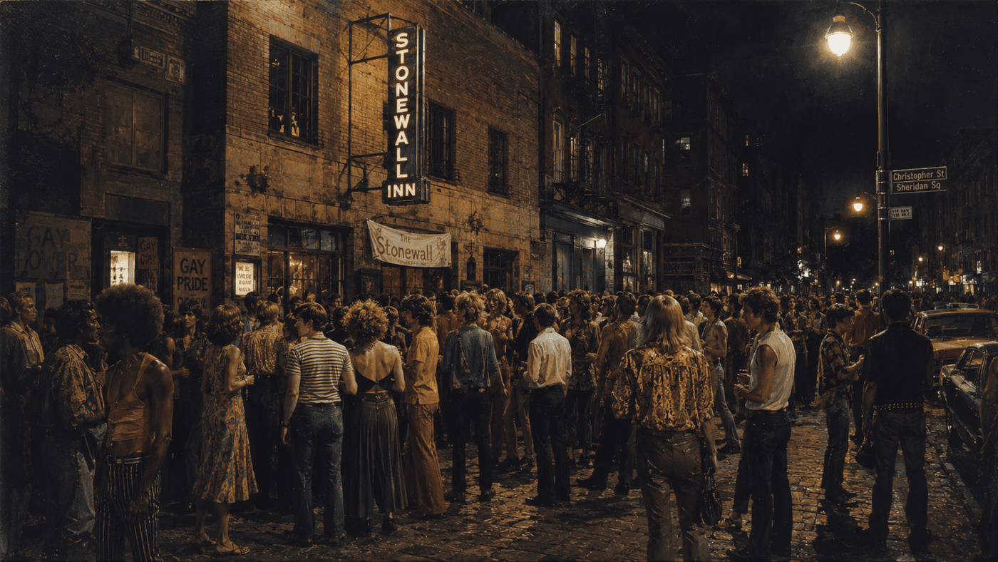A nighttime Greenwich Village street scene in 1969 with a diverse crowd gathered outside a bar, the atmosphere charged and defiant