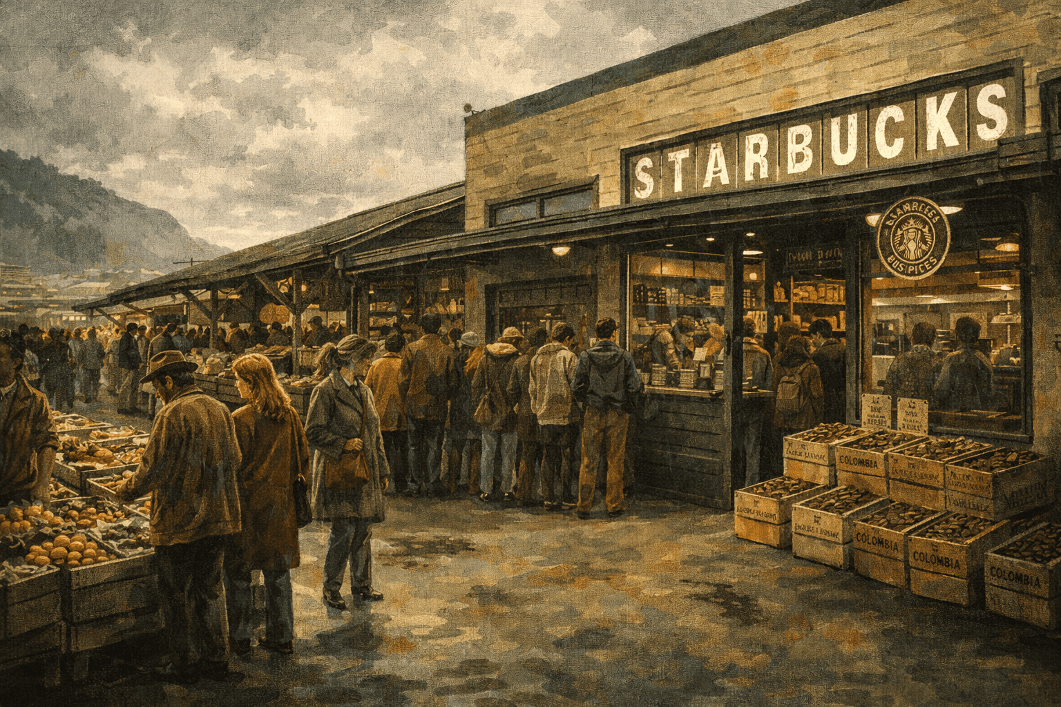 The original Starbucks storefront at Pike Place Market in Seattle in the early 1970s