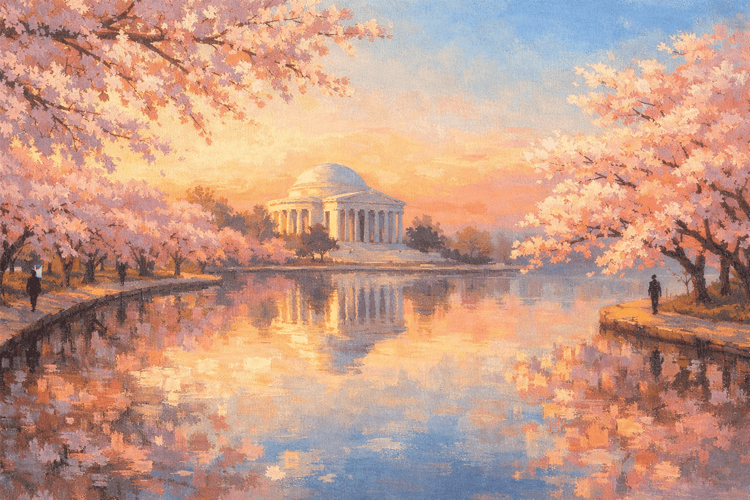 Cherry blossom trees in full bloom along the Washington DC Tidal Basin at dawn, their pink petals reflected in the still water with the Jefferson Memorial visible in the background