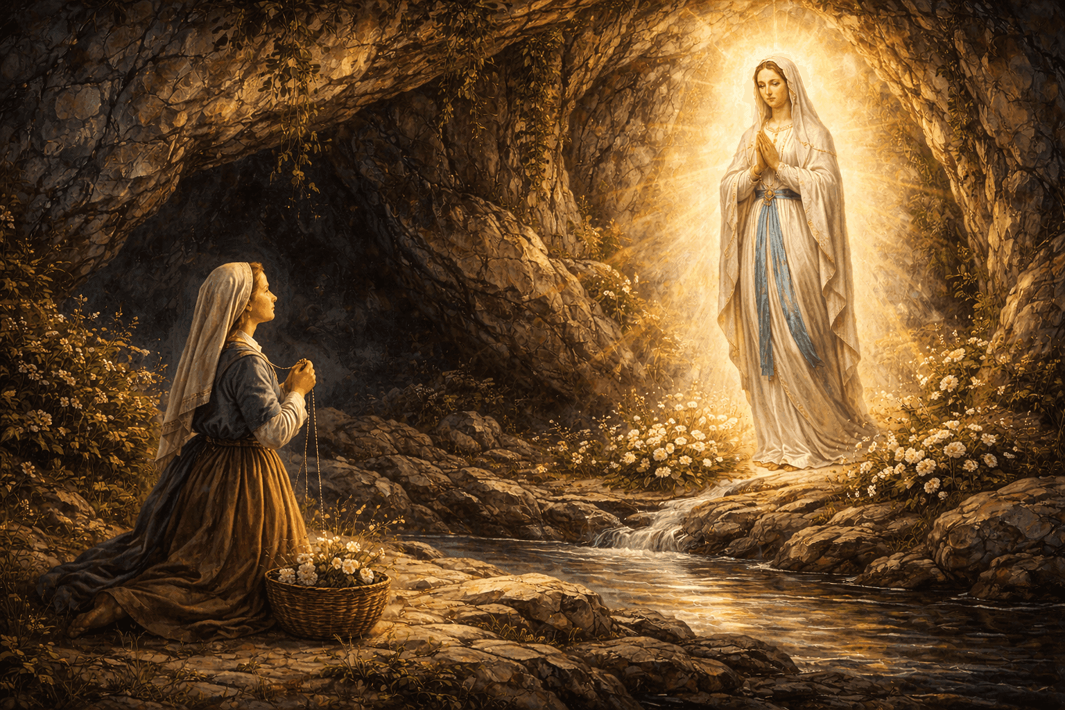 Young St. Bernadette Soubirous at the Grotto of Massabielle in Lourdes with the apparition of the Virgin Mary appearing in ethereal light