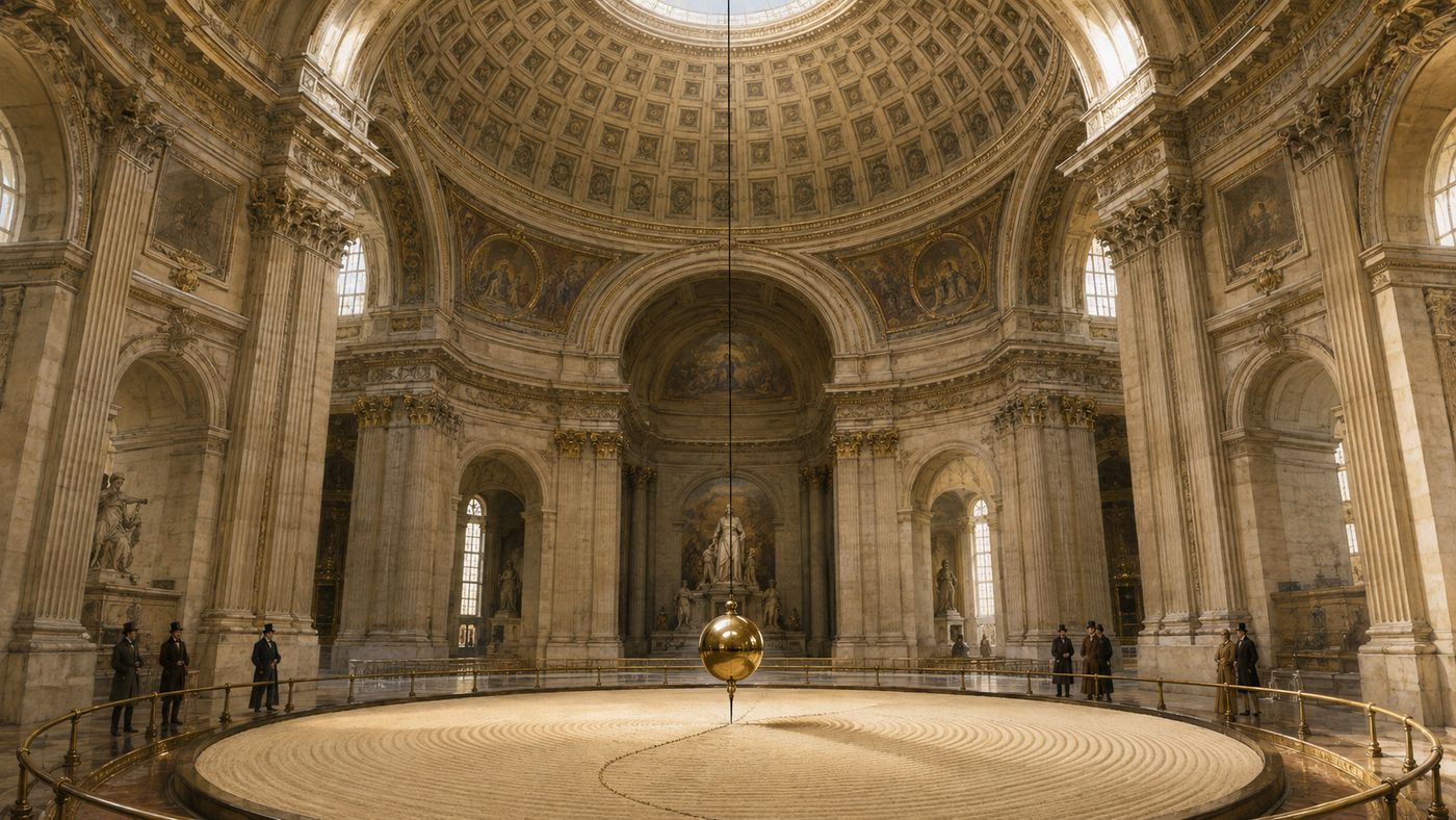 A Foucault pendulum swinging inside a grand domed interior space, the long wire visible descending from the dome above, the sand circle below showing the rotation pattern