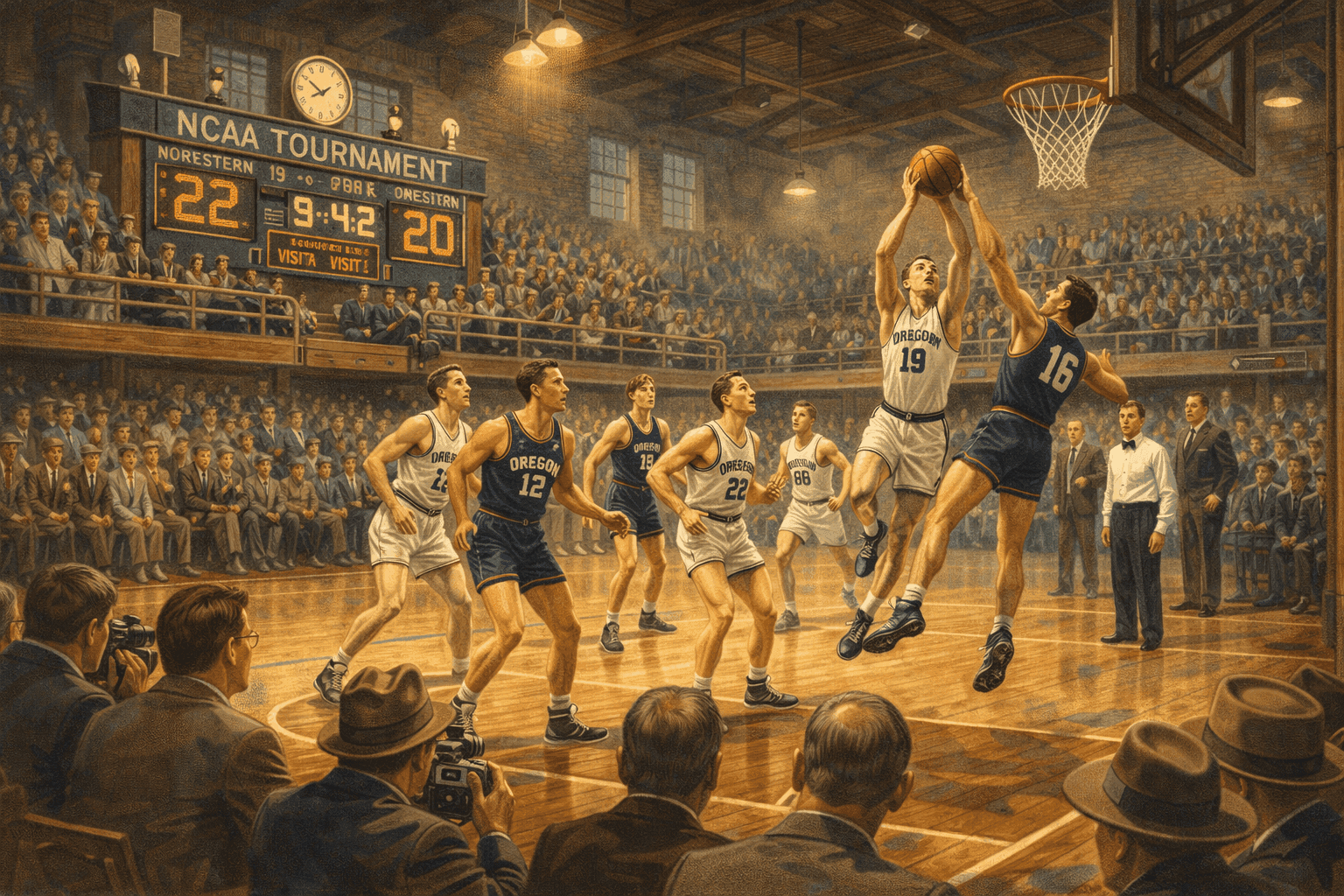 Historical illustration of 1930s college basketball gymnasium with wooden court and period athletic atmosphere