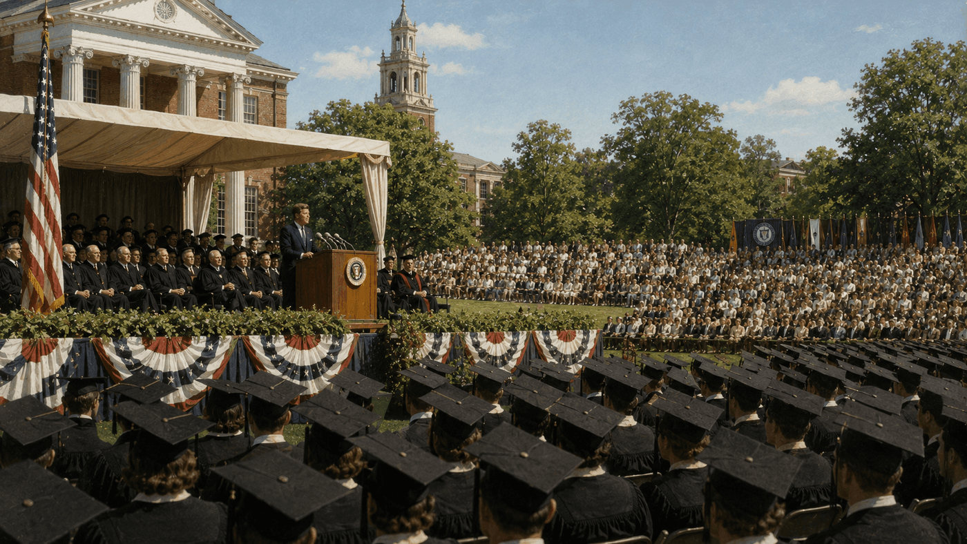 A university commencement ceremony in the early 1960s with a speaker at a podium before a large outdoor audience of graduates and families
