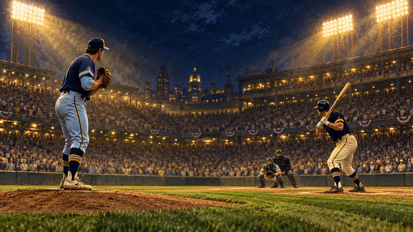 Two baseball players in navy, light blue, and gold uniforms facing each other across a lit stadium infield at night