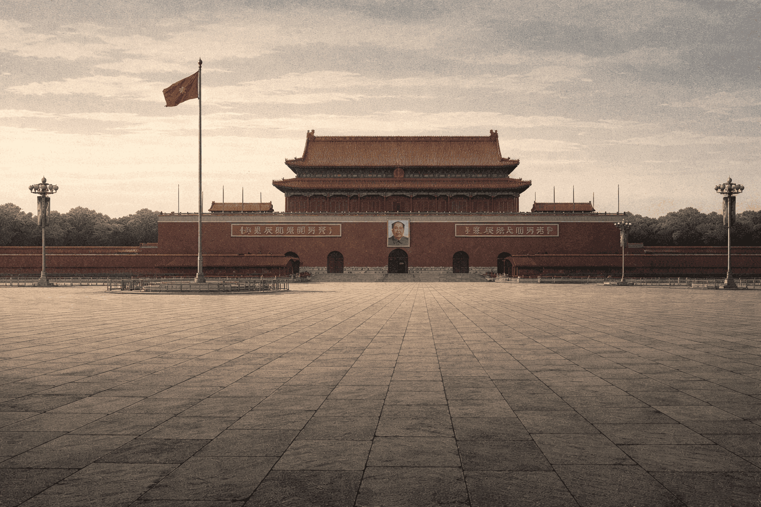 Tiananmen Square in Beijing at dawn with the Gate of Heavenly Peace visible in the background and the vast empty plaza in the foreground