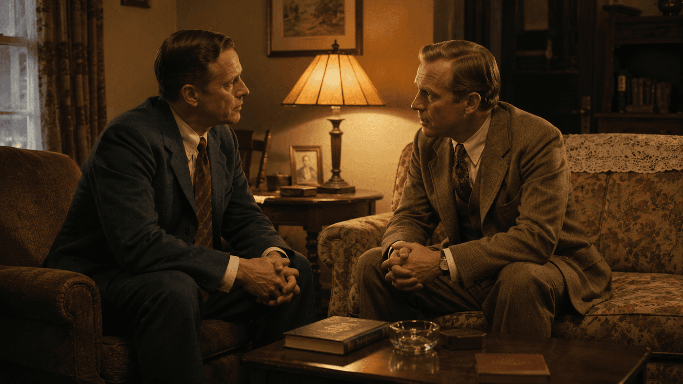 Two men in 1930s dress sitting across from each other in a modest American living room in a serious conversation