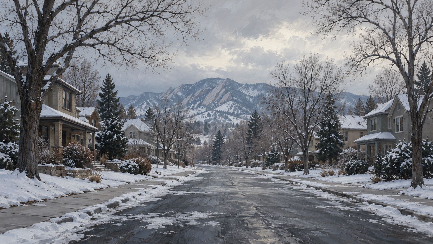 A painterly illustration of a quiet Boulder, Colorado neighborhood street in winter — modest homes set back from a snow-dusted sidewalk, bare trees against a pale gray sky, the Rocky Mountains faintly visible on the horizon