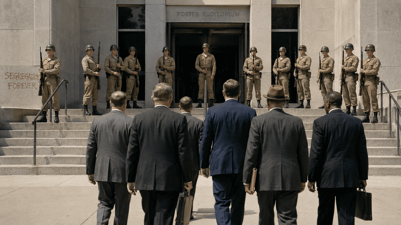 The entrance to a 1960s university auditorium with federal officials and Alabama National Guard soldiers visible outside