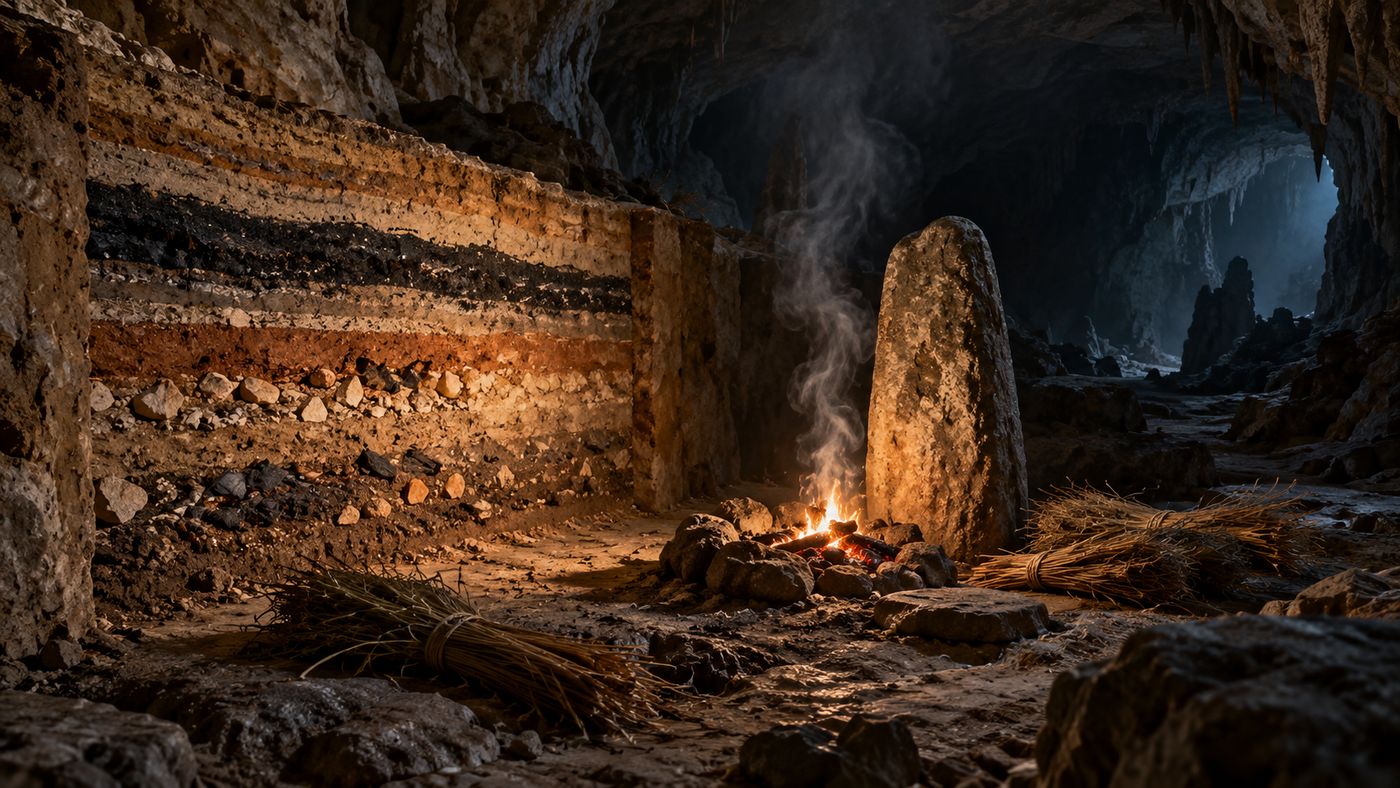 A dimly lit cave interior with layered ash deposits visible in an excavated earthen wall