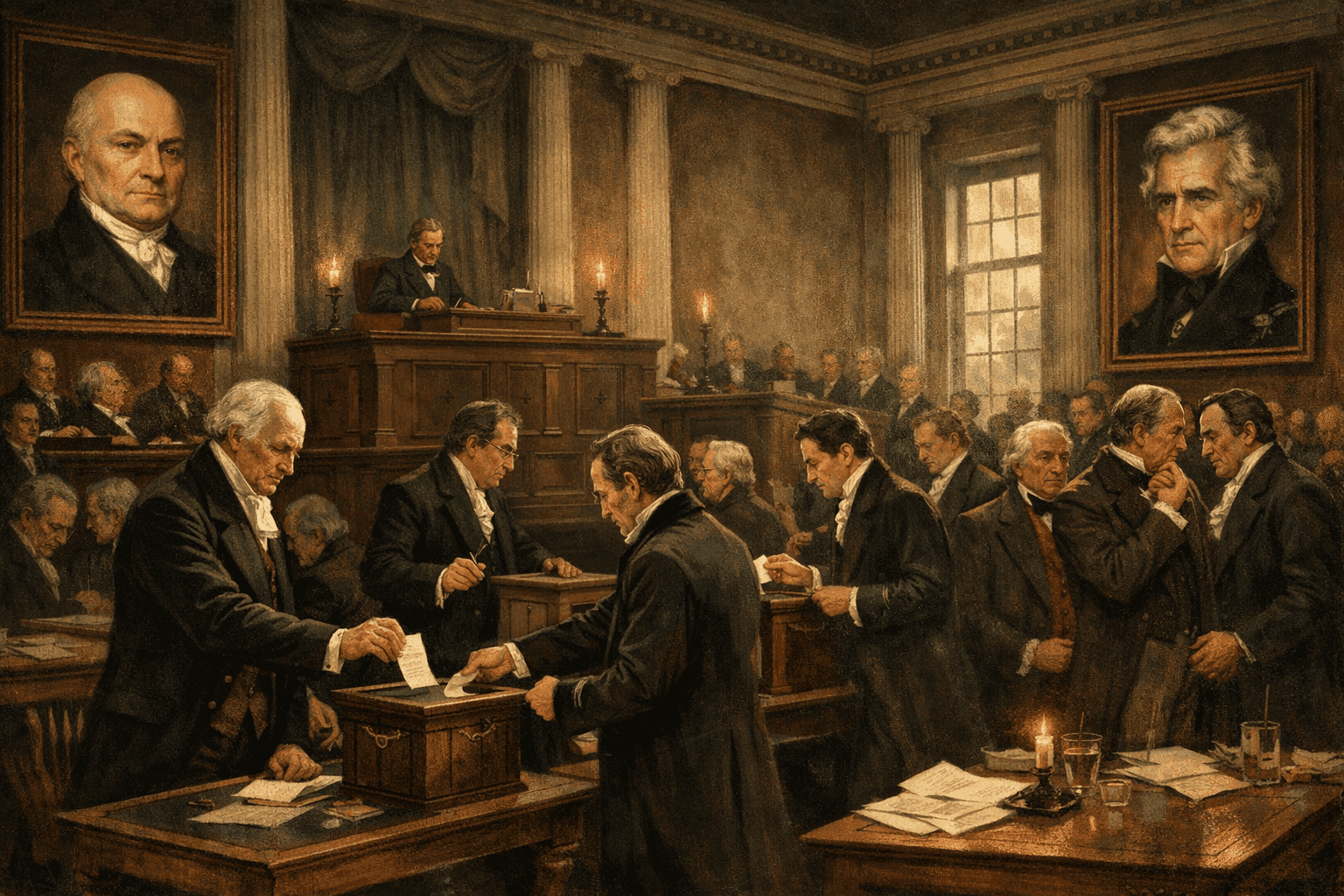 The House of Representatives voting in 1825 with John Quincy Adams and Andrew Jackson represented in formal chamber setting