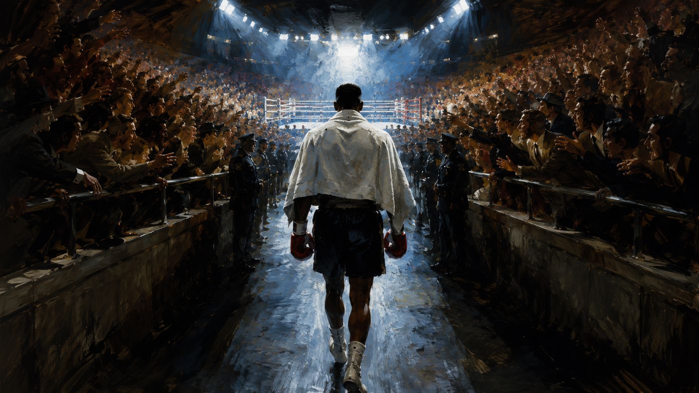 Anthony Joshua making his ring walk at a major fight, arms raised, entering to a roaring crowd under blazing arena lights