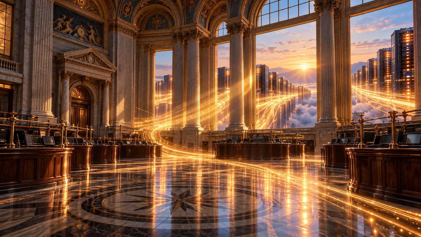 A grand stock exchange trading floor at dawn, with glowing streams of light flowing from data servers into the hall