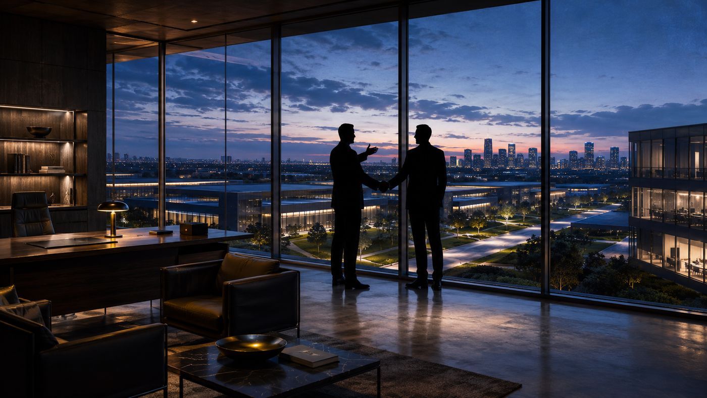 Symbolic handoff of leadership at a major technology company, evoking a corporate transition