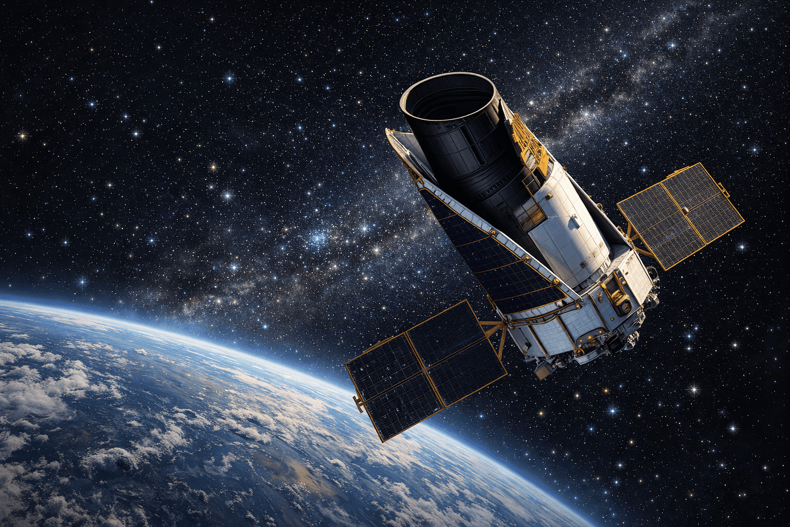 Historical illustration of Kepler Space Telescope in orbit with Earth and starfield background