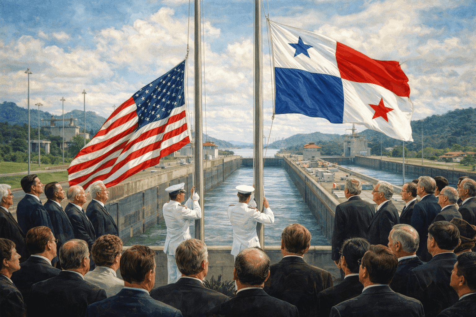 The 1999 Panama Canal handover ceremony with Panamanian flag being raised, officials from both nations, and the canal locks in the background