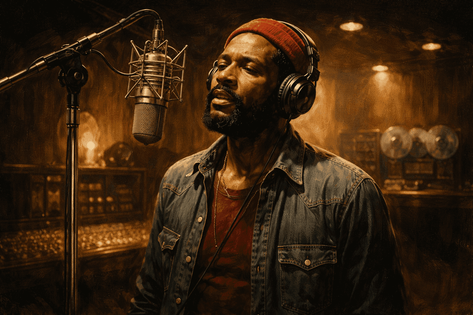 A soulful 1970s recording studio scene with a lone singer at a microphone bathed in warm amber studio light