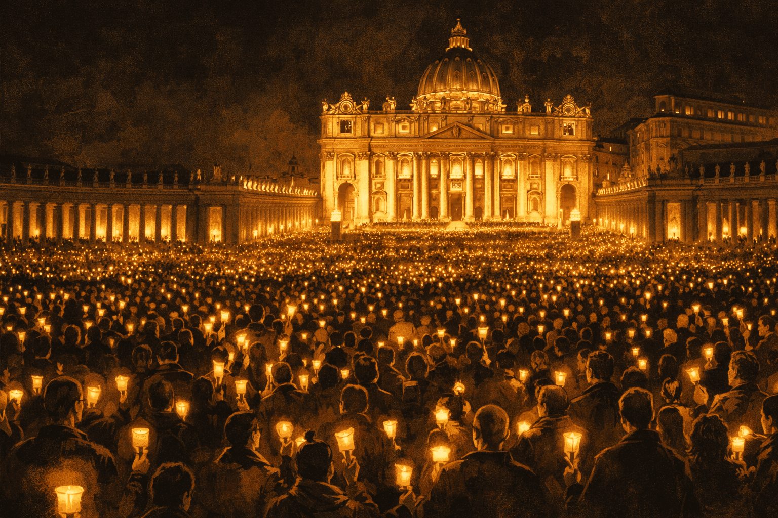An enormous candlelit vigil crowd gathered in St. Peter's Square at night, mourning the death of Pope John Paul II