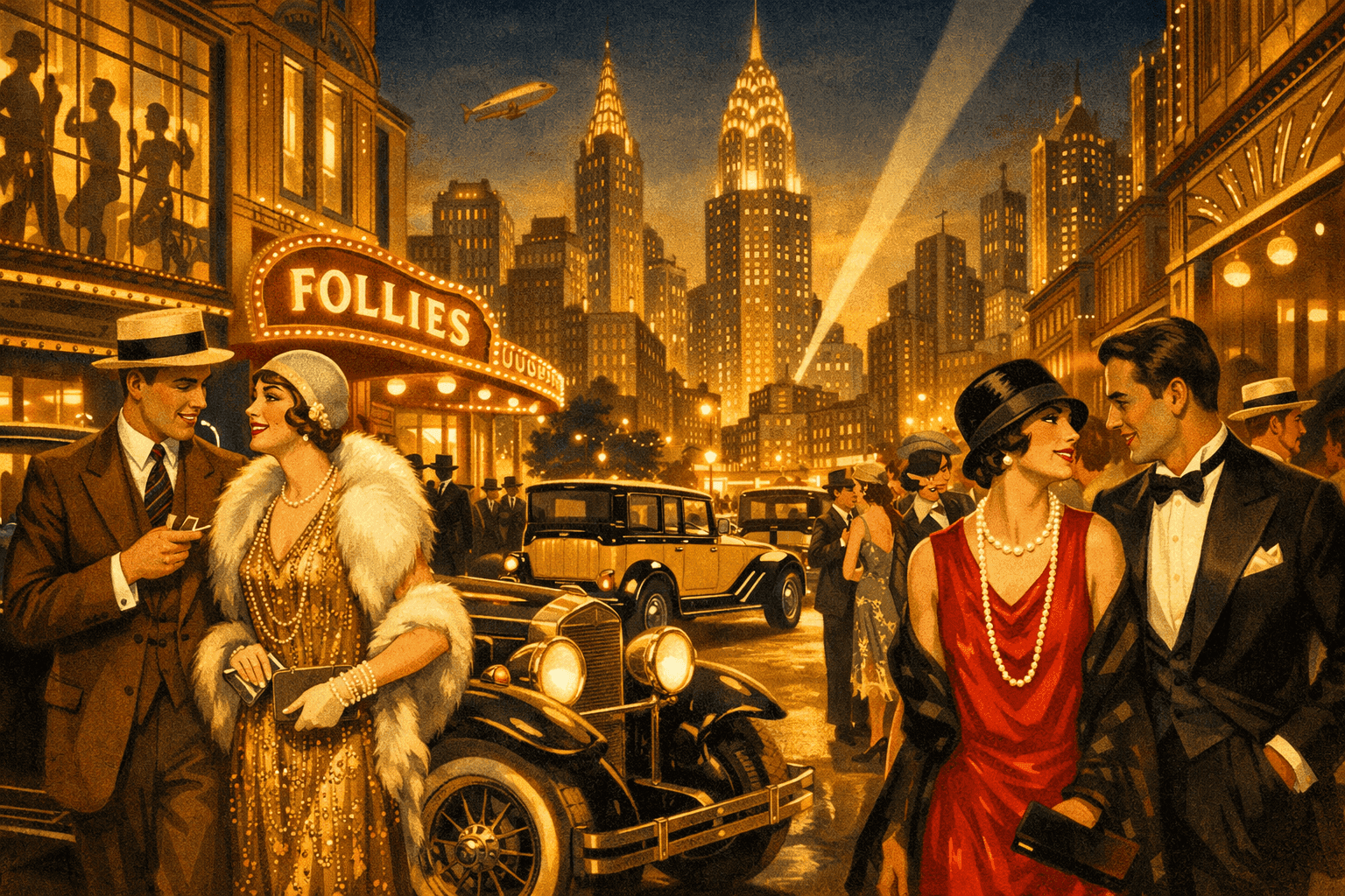 Historical illustration of 1920s Jazz Age America with Art Deco architecture and post-war atmosphere
