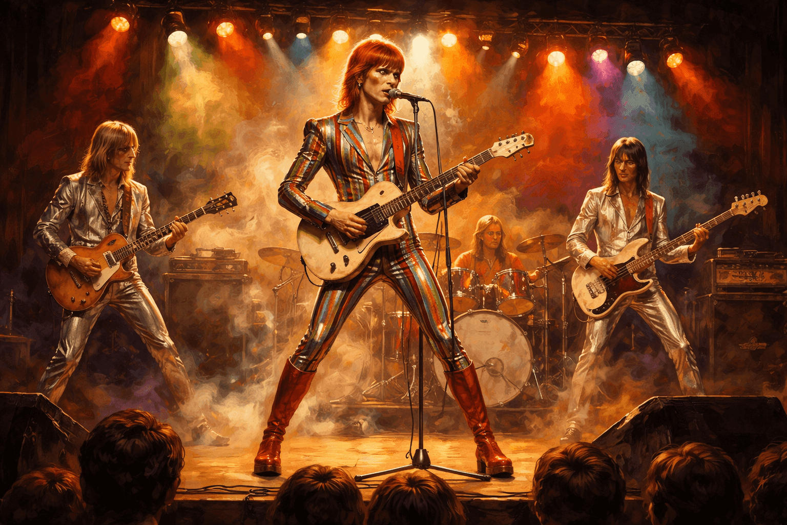 David Bowie as Ziggy Stardust performing on stage with distinctive orange hair, elaborate costume, and guitar in theatrical 1970s glam rock setting