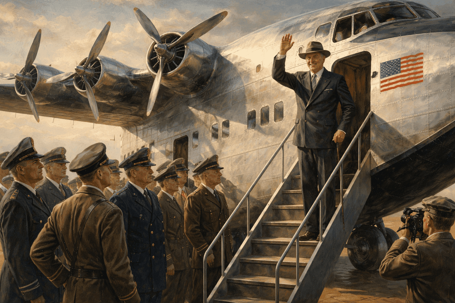 President Franklin D. Roosevelt boarding a large flying boat aircraft with military and civilian officials watching
