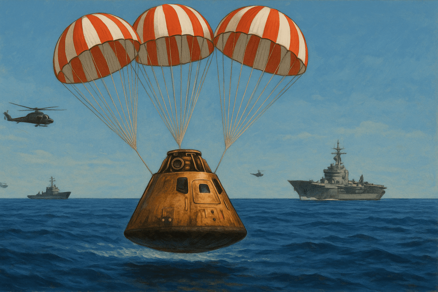 Apollo 17 command module descending by parachutes toward the Pacific Ocean with recovery ships visible below