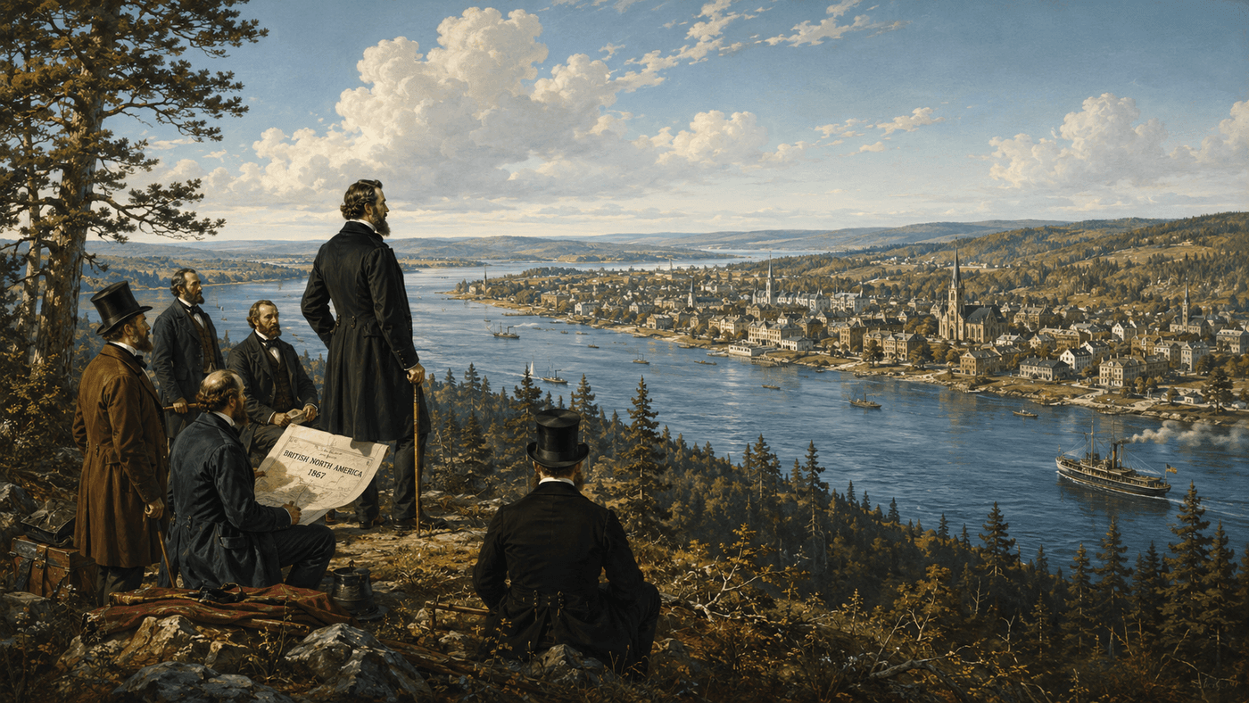 A sweeping 19th century Canadian landscape with a river valley, pine forests, and a small colonial town visible beneath a vast summer sky