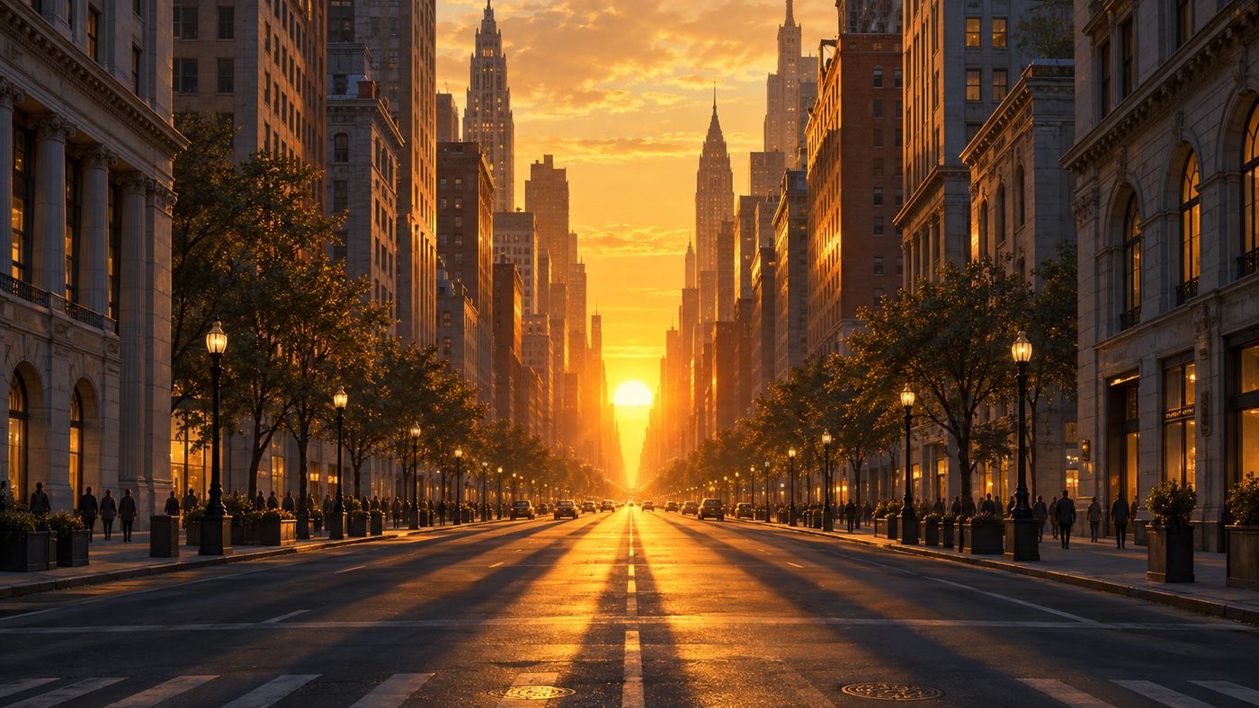 Golden sunset light streaming directly down a city street grid between tall buildings