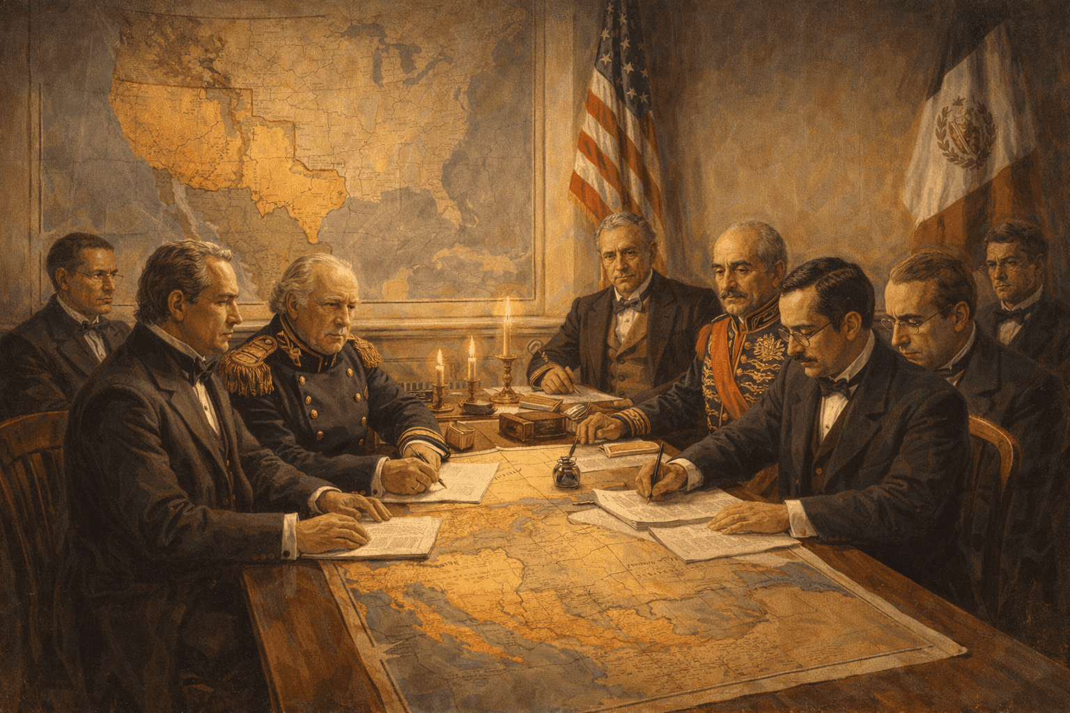 Diplomats signing the Treaty of Guadalupe Hidalgo with maps showing territorial changes visible on table