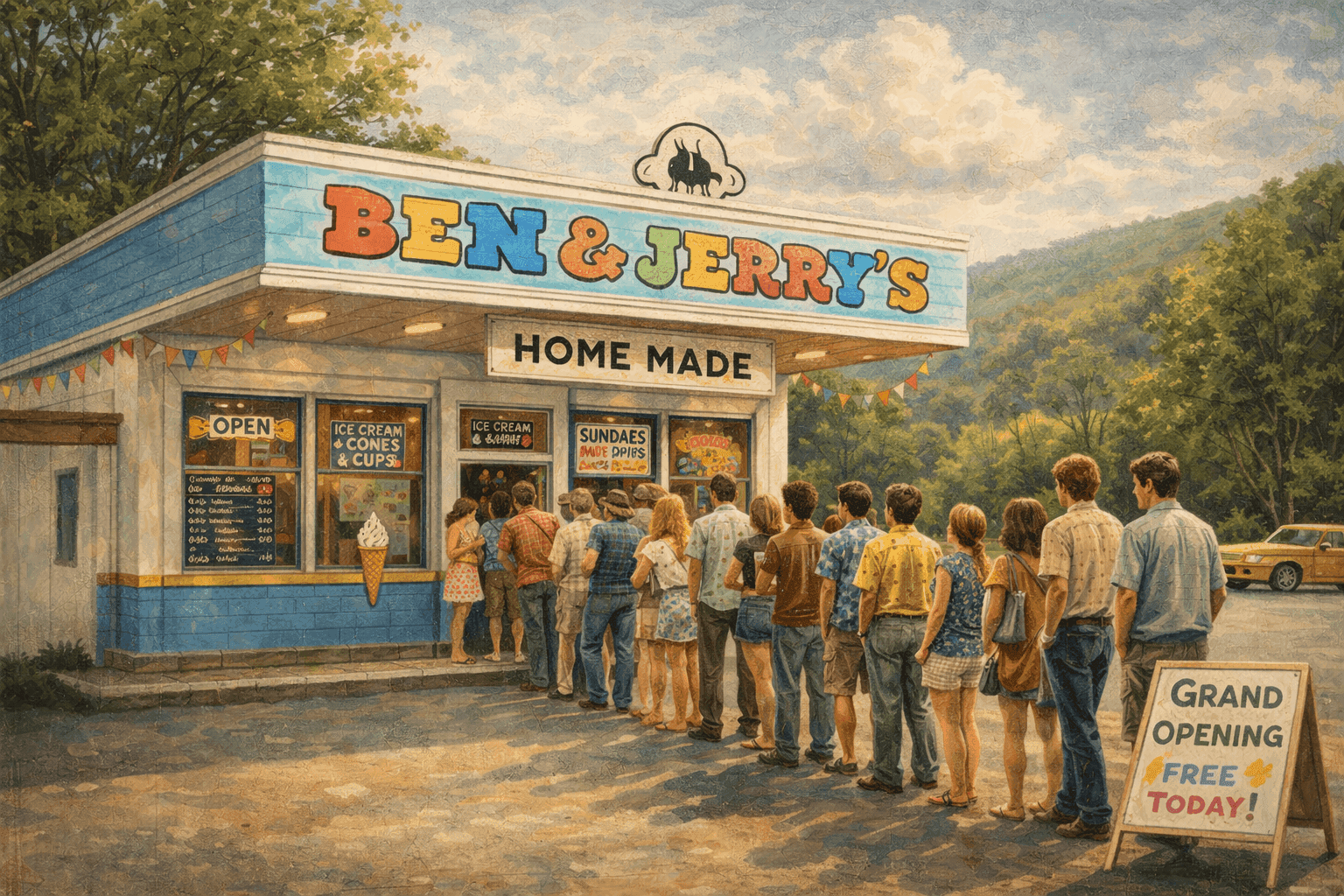 A small colorful ice cream shop in a converted gas station in Burlington Vermont on a sunny summer day with customers outside