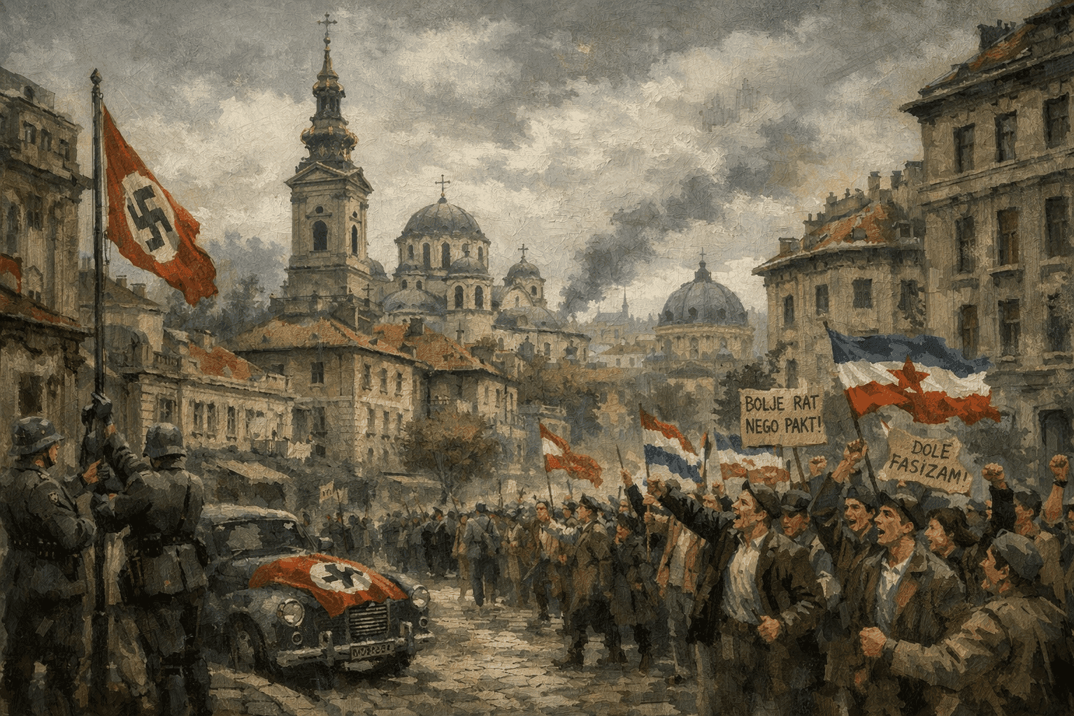 Historical illustration of 1940s Belgrade with European architecture and pre-war Balkan cityscape