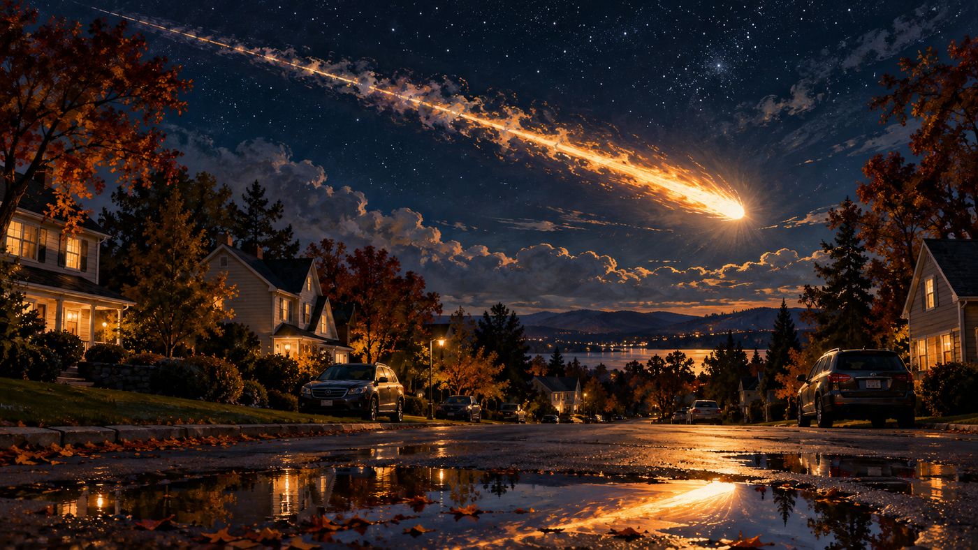 A painterly illustration of a clear night sky over a quiet American suburb, a brilliant streak of light blazing across the darkness from horizon to horizon, the glow reflecting off the rooftops and parked cars below