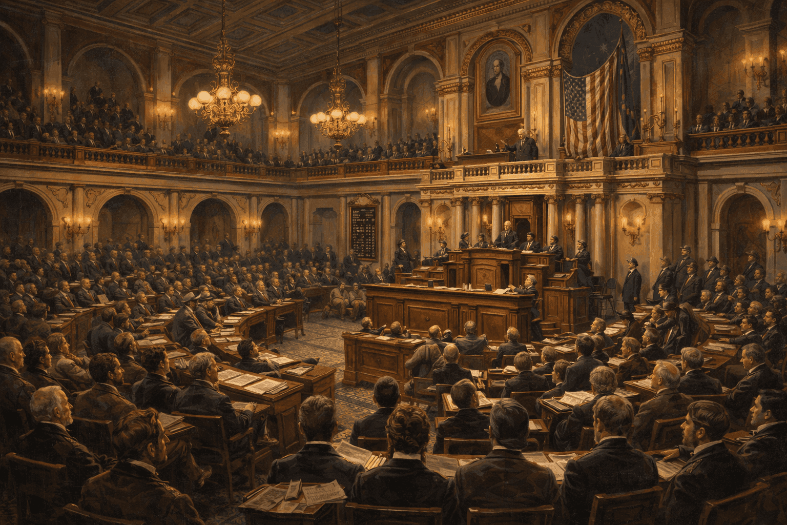 The U.S. House of Representatives chamber during the historic vote on the 13th Amendment with congressmen visible