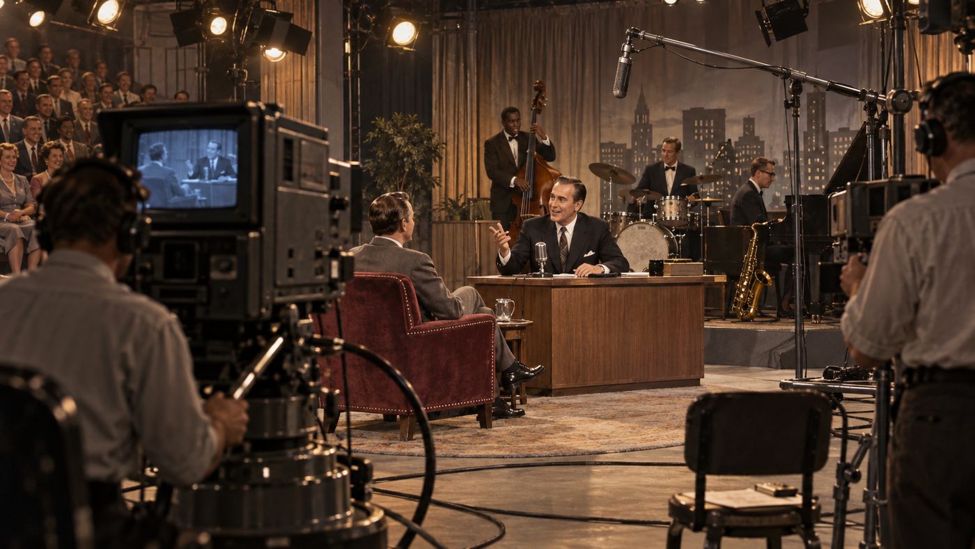 A 1950s television studio with a late-night talk show set, a host's desk and guest chair visible under studio lighting, a live band in the background, the informal atmosphere of early late-night television