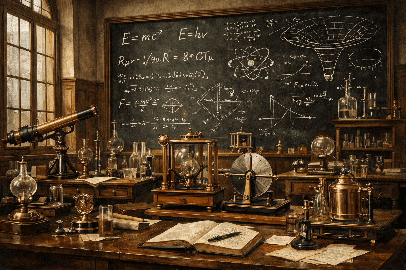 Historical illustration of early 20th century European university with physics laboratory and scientific atmosphere