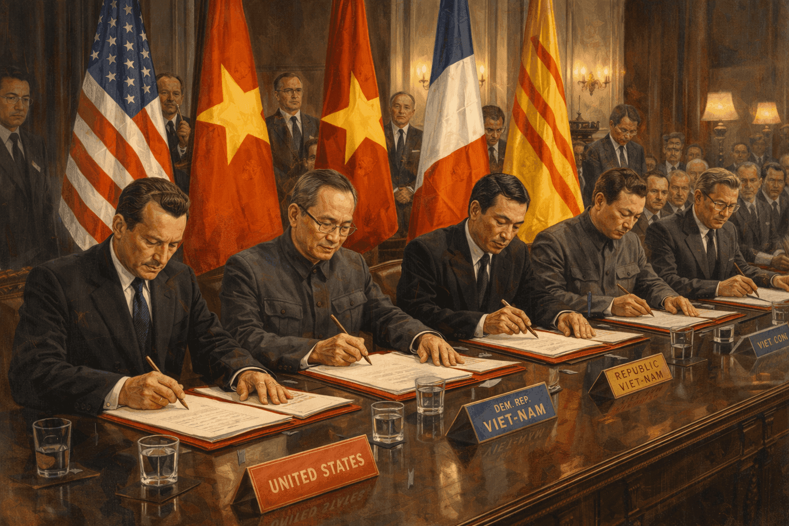 Diplomats signing the Paris Peace Accords at a formal table with American and Vietnamese flags visible