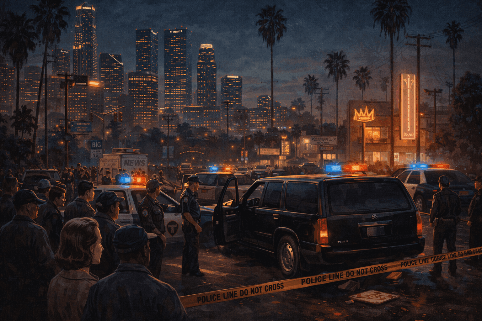 Historical illustration of 1990s Los Angeles nighttime urban landscape with city lights