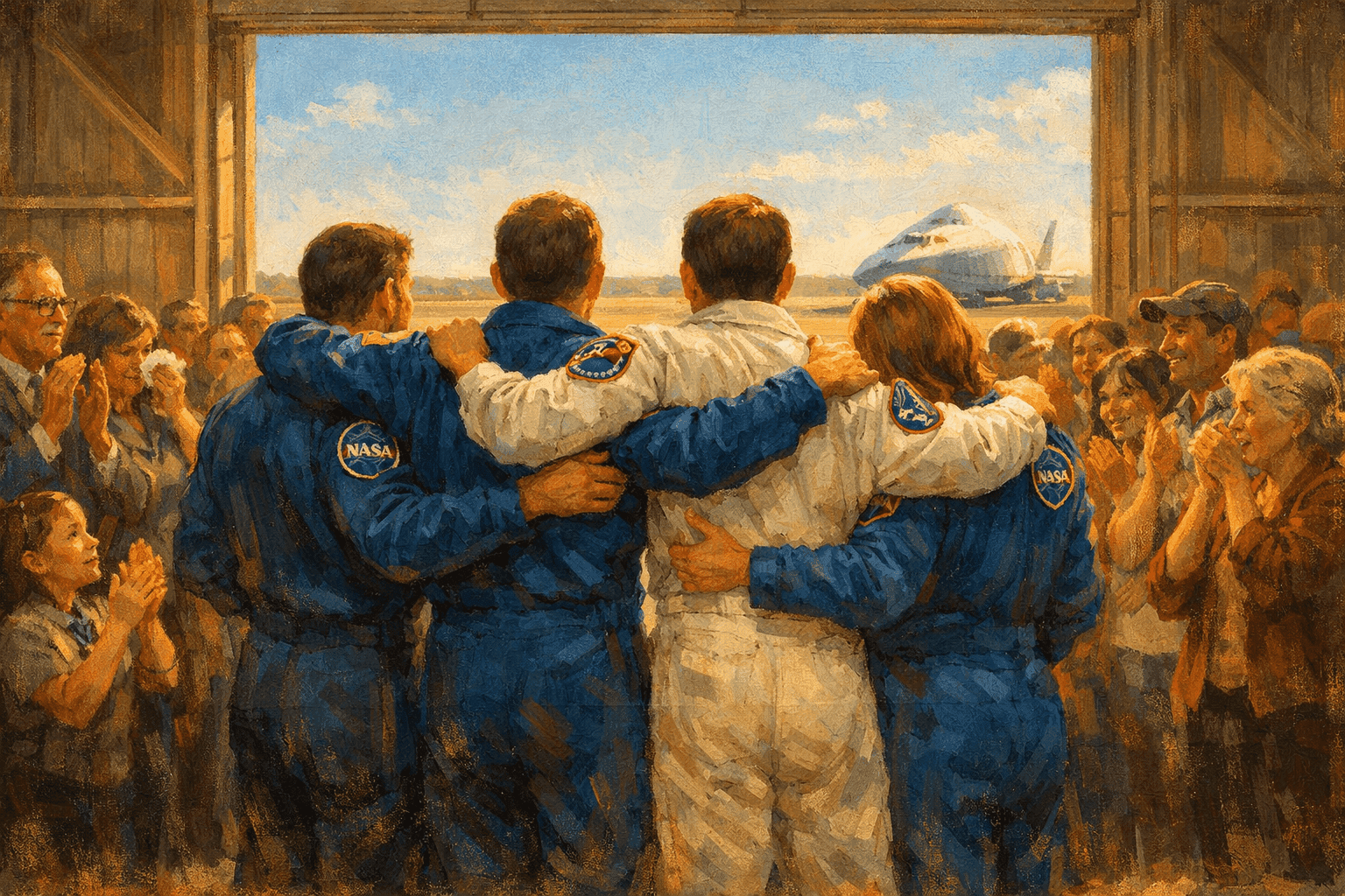 Four Artemis II astronauts reunited with family and colleagues at Johnson Space Center in Houston after returning from the Moon