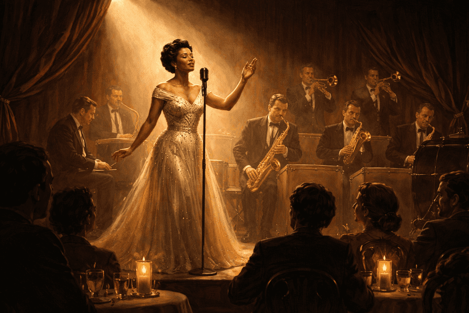A jazz singer performing under a spotlight on a 1950s nightclub stage with a big band orchestra behind her