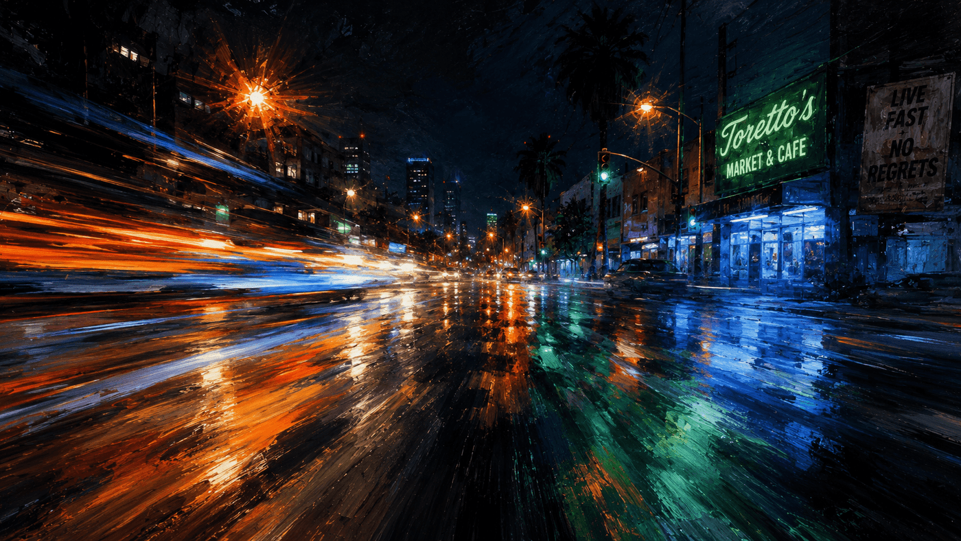 A nighttime urban street scene with neon lights reflecting off wet asphalt, sleek modified cars lined up at a starting line