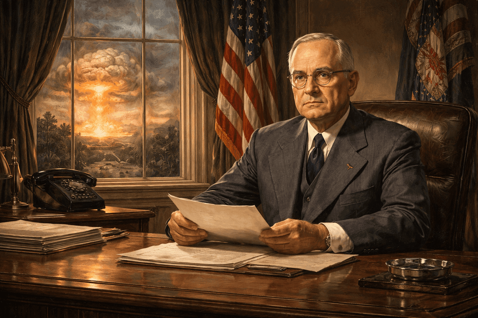President Truman at his desk making the hydrogen bomb announcement with nuclear test mushroom cloud imagery in background