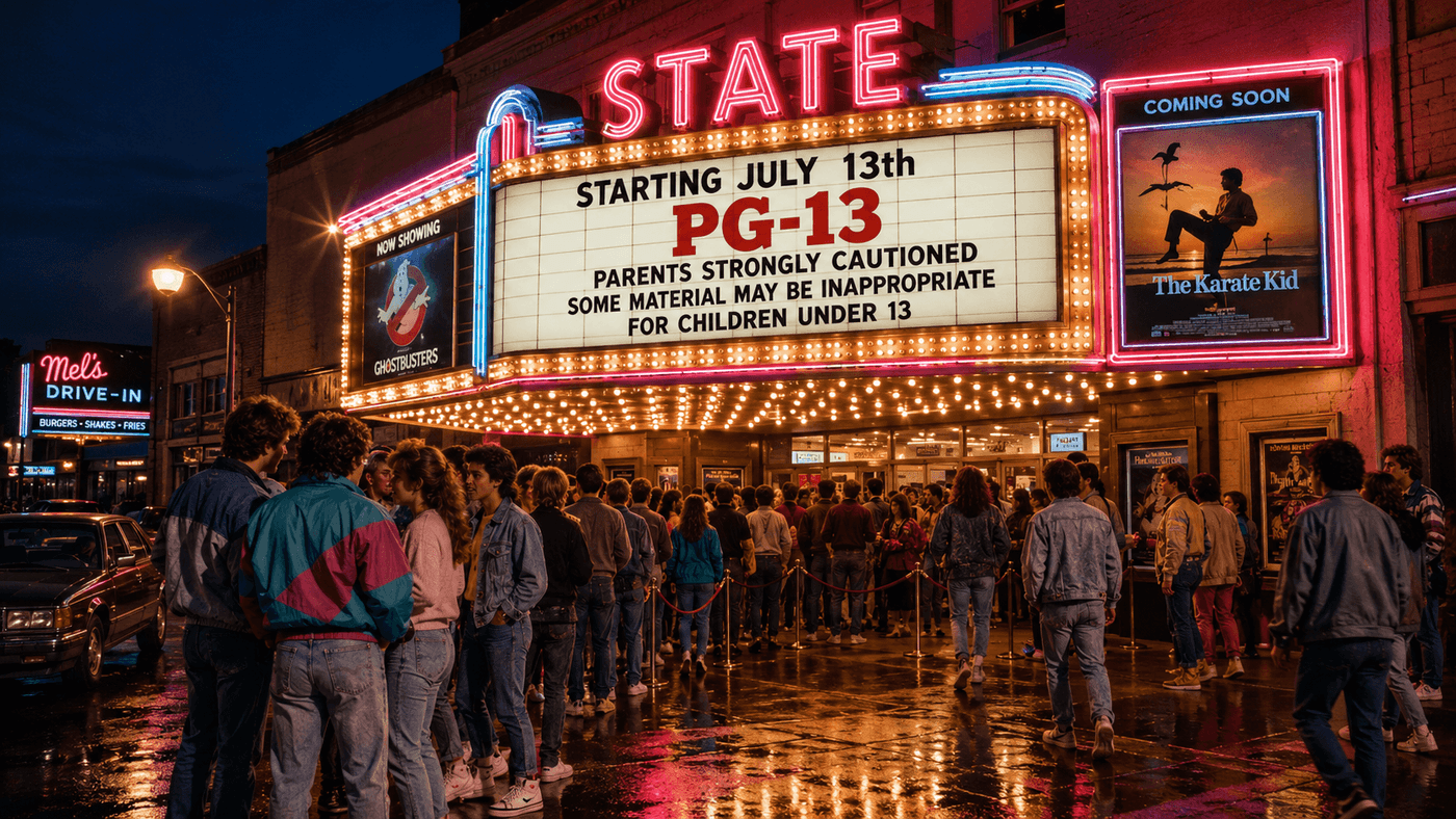 A 1980s movie theater marquee at night with bright lights illuminating a queue of filmgoers on the sidewalk below
