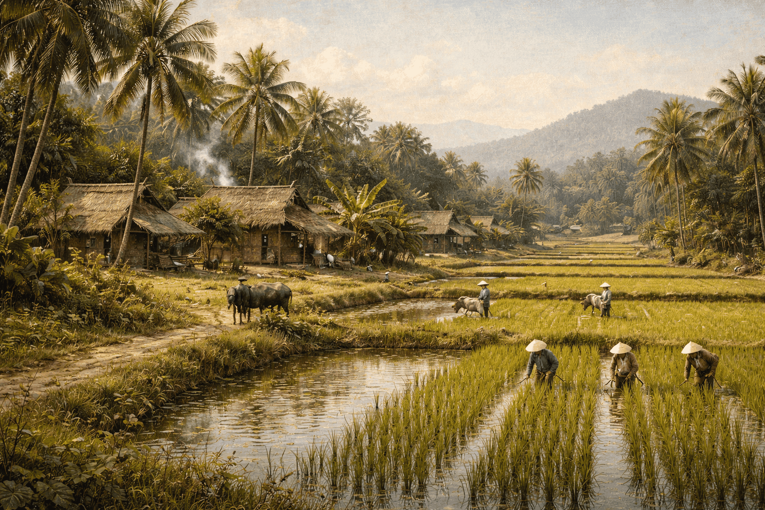 Historical illustration of rural Vietnamese countryside with traditional villages and rice paddies
